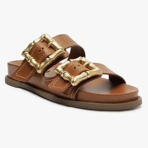 SCHUTZ Enola Sporty Leather Sandals Size 6 New Wood Brown Gold Buckle Accents